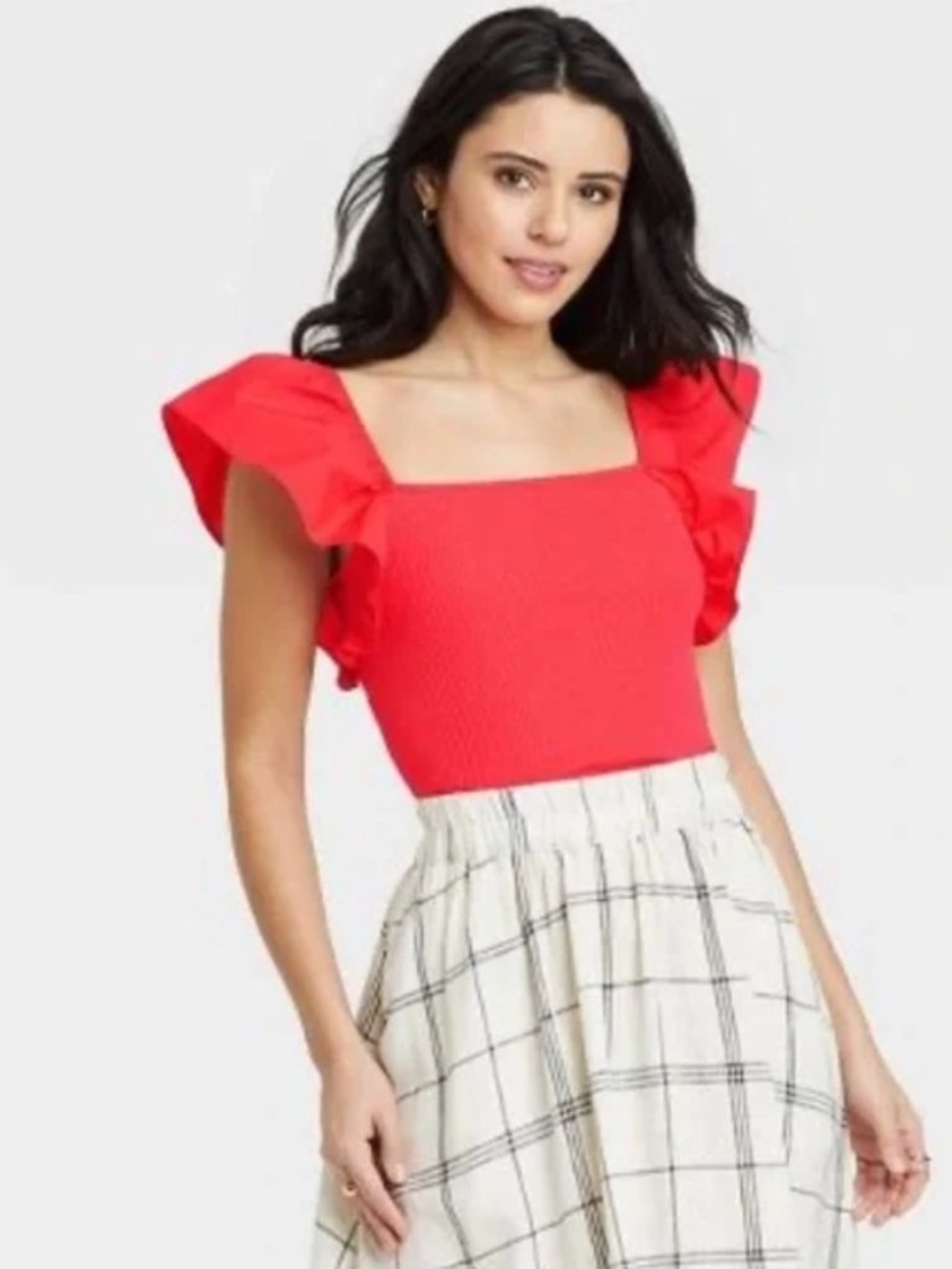 A New Day Rocker Red Ribbed Square-Neck Flutter-Sleeve Top XL